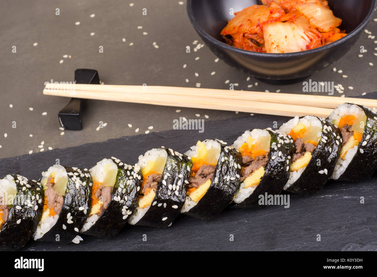 Chamchi Kimbap or Gimbap Korean food with beef like japan sushi Stock Photo
