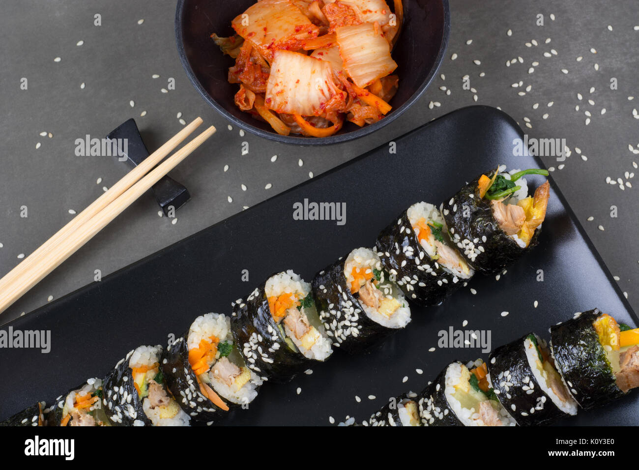 Chamchi Kimbap or Gimbap Korean food with tuna like japan sushi. Top view Stock Photo