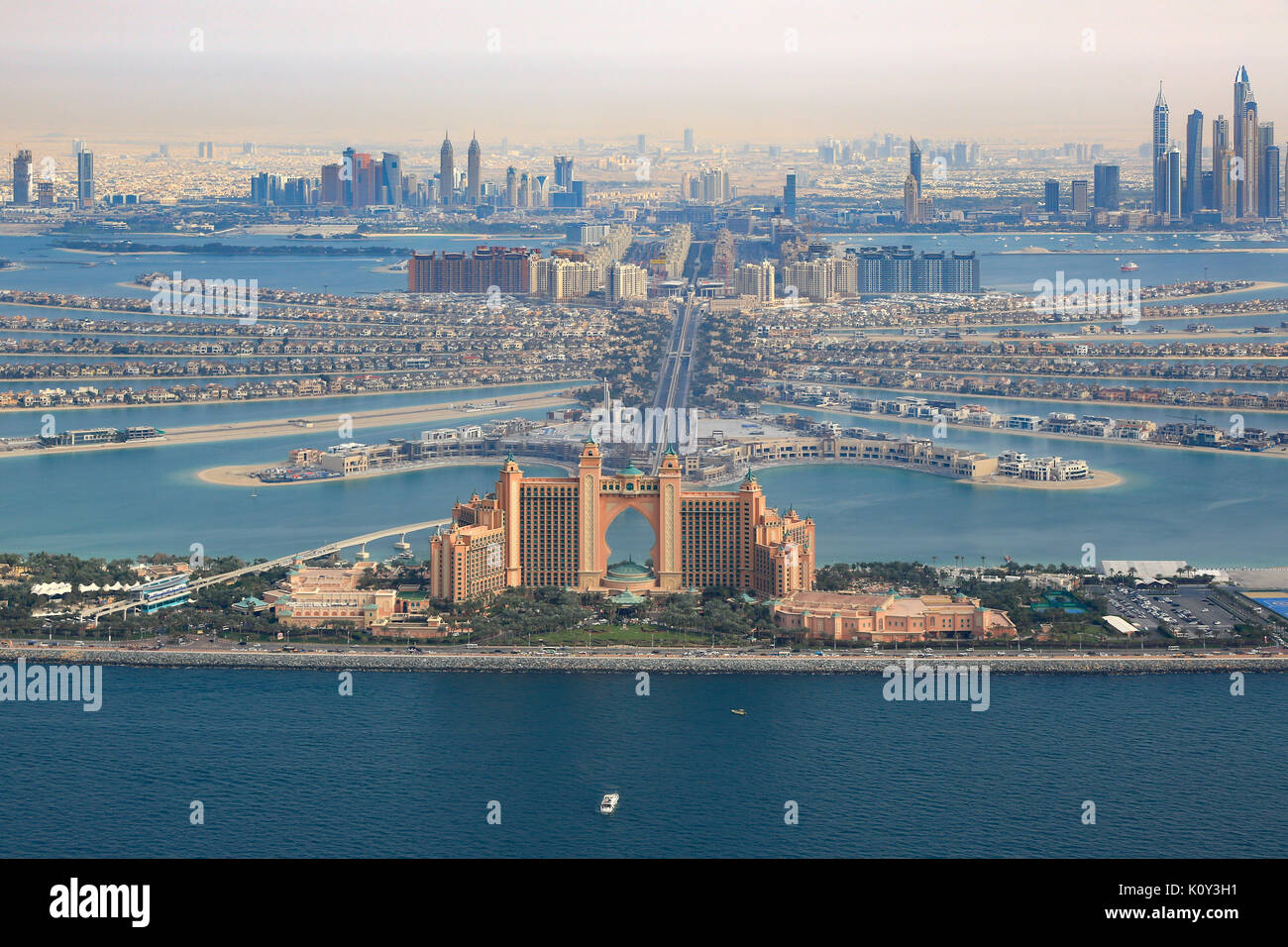 Dubai Atlantis Hotel The Palm Jumeirah Island aerial view photography UAE Stock Photo