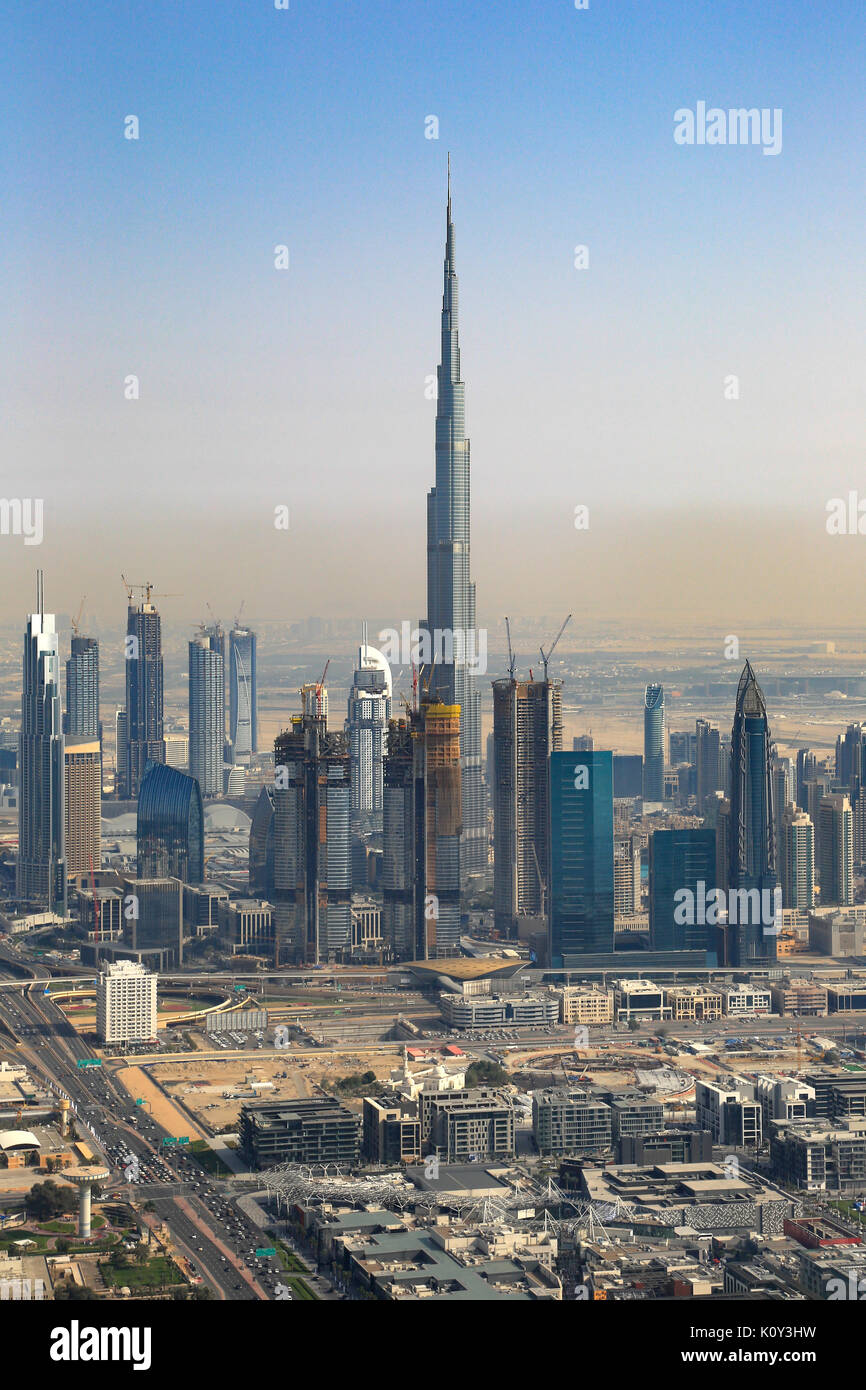 Dubai Burj Khalifa building Downtown vertical aerial view photography UAE Stock Photo