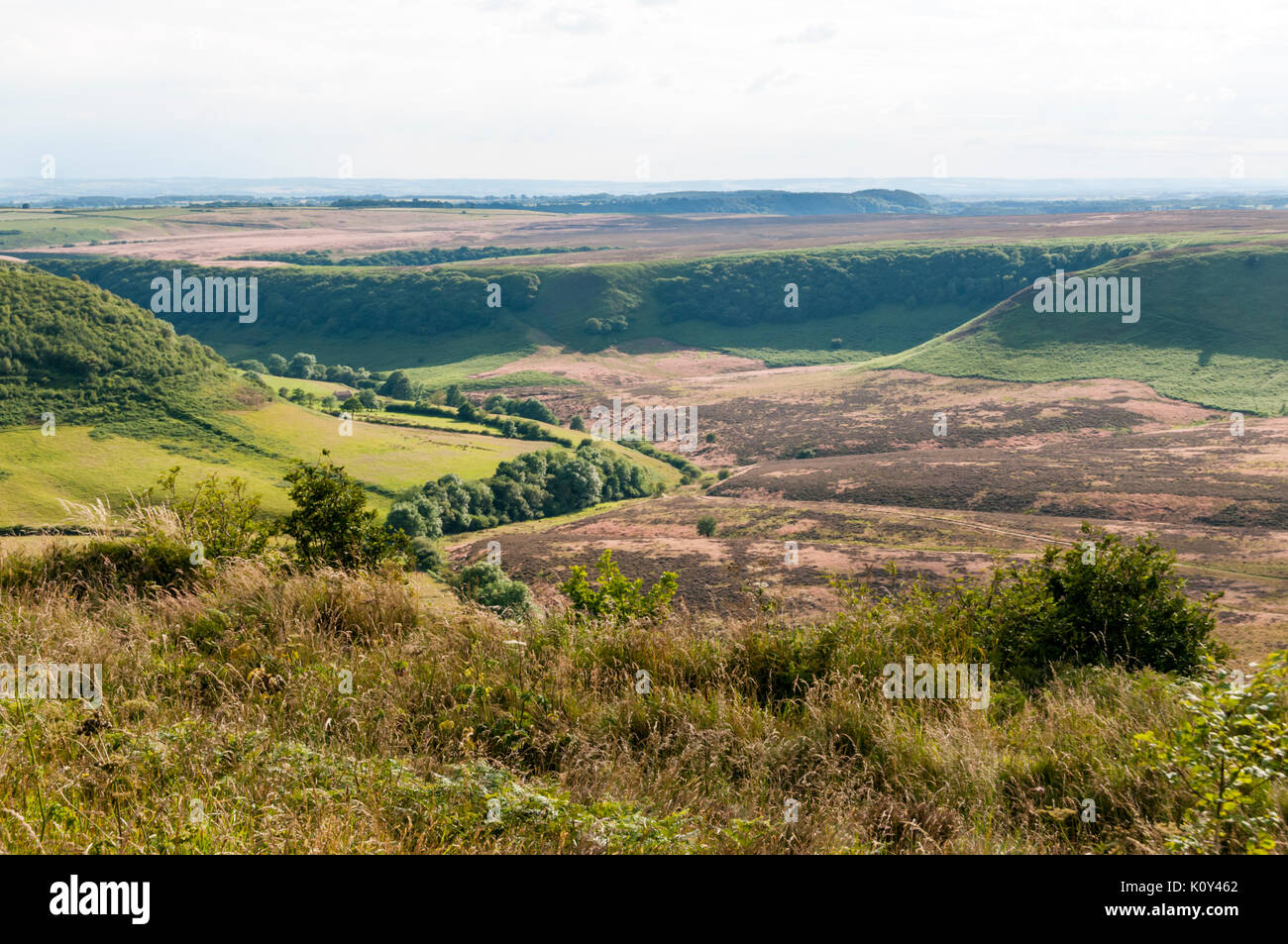 The Hole of Horcum in the valley of Levisham Beck on the North York Moors is up to 400 ft deep and 0.75 mile across. Stock Photo