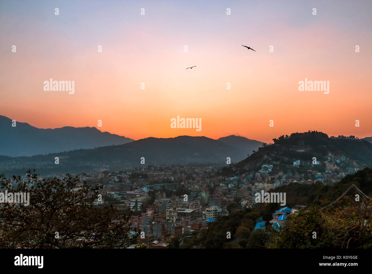 Sunset over the foothills of the Himalayas, Kathmandu, Nepal Stock Photo