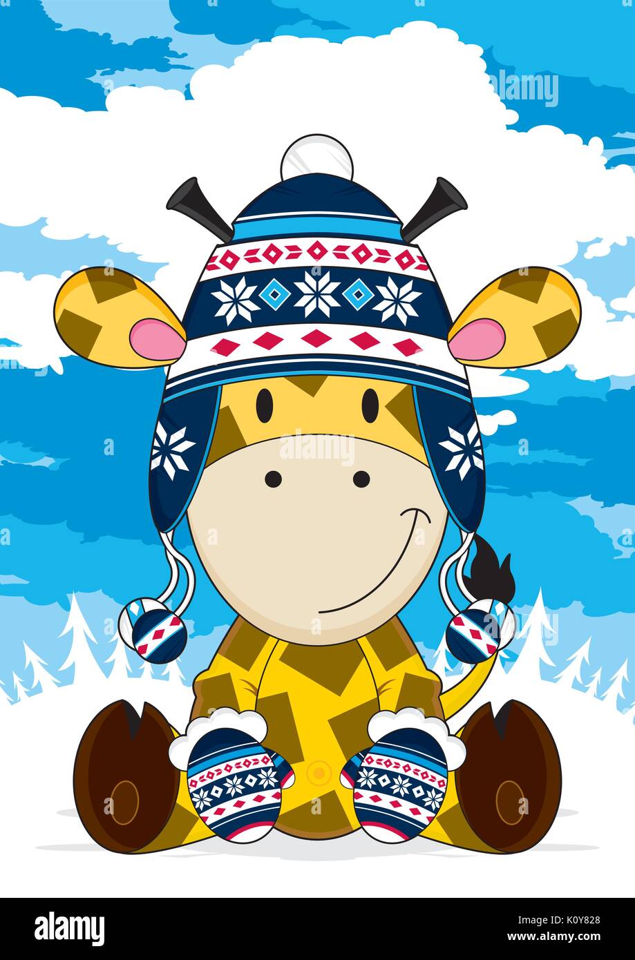 Cute Cartoon Giraffe in Wooly Hat Vector Illustration Stock Vector ...