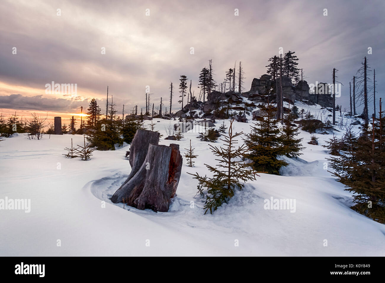 Winter landscape at Dreisessel, Haidmühle, Bavarian Forest, Niederbayern, Bavaria, Germany Stock Photo