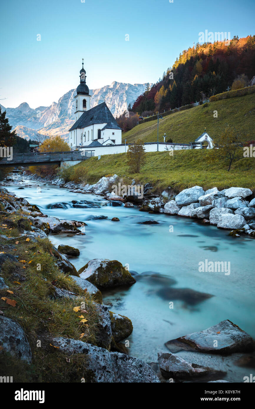 Ramsau church St. Sebastian in autumn, Ramsau near Berchtesgaden, Berchtesgadener Land, Bavaria, Germany Stock Photo