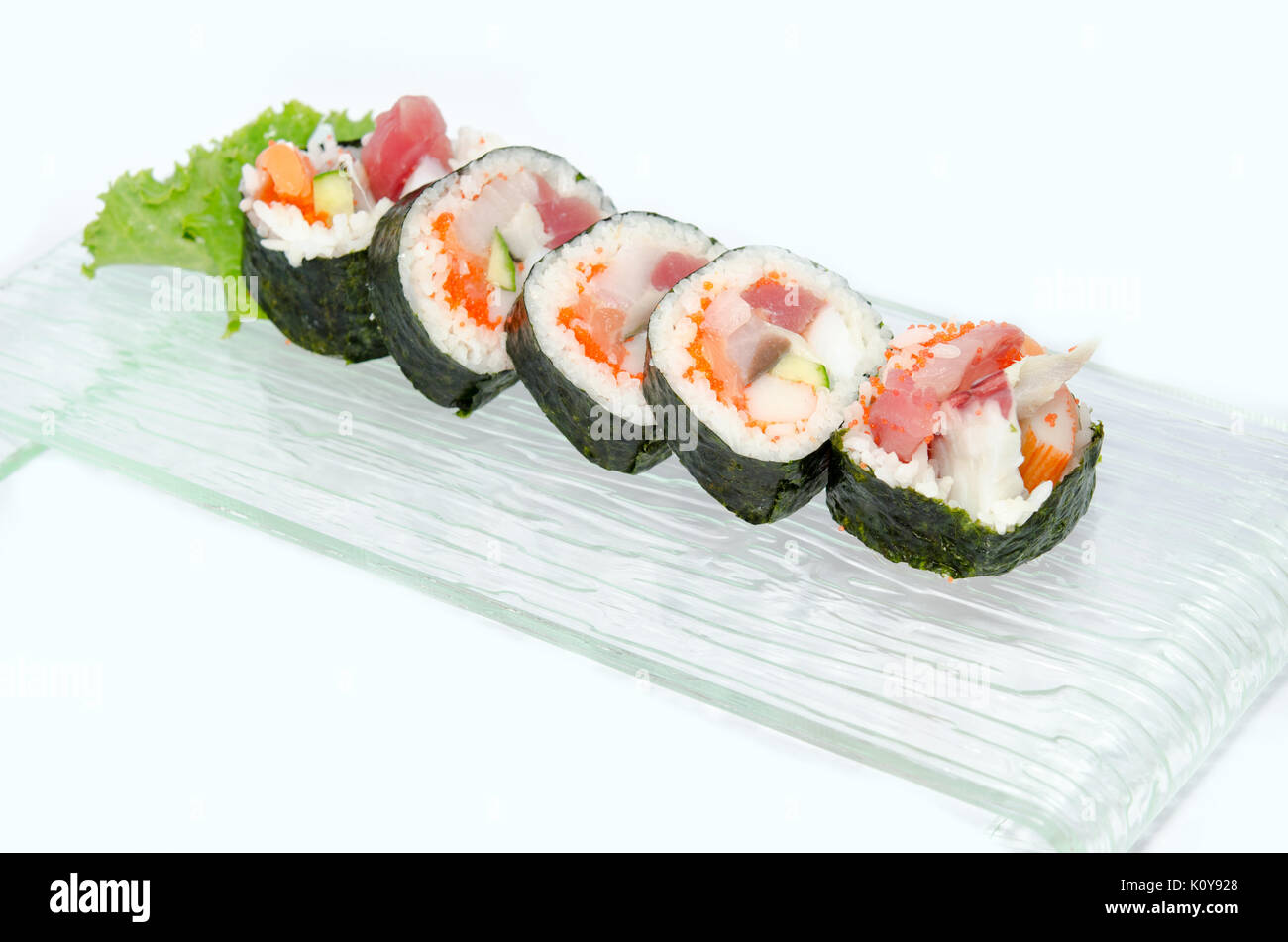 Fresh seafood wrapped in rice and seaweed Stock Photo