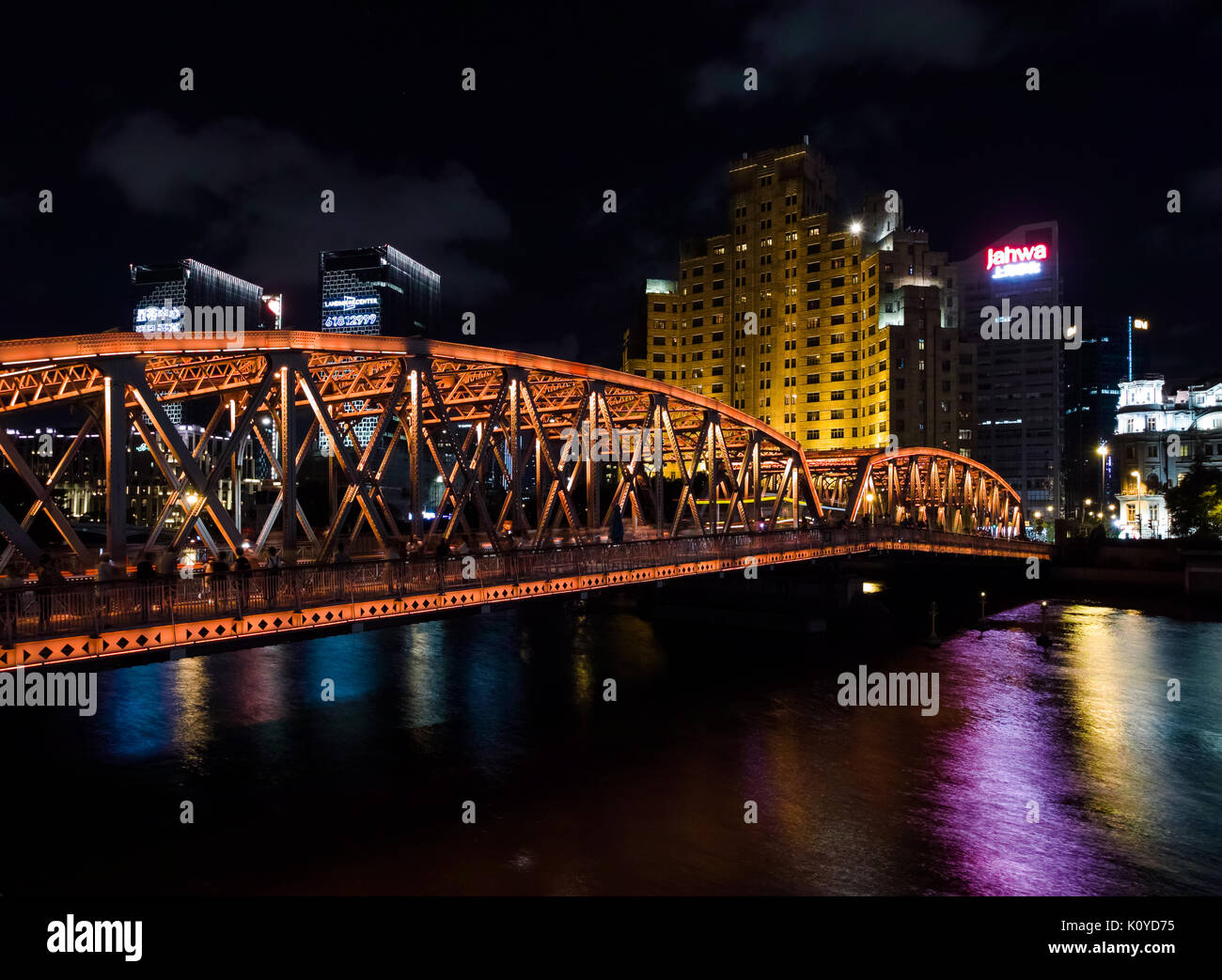 Shanghai, China - August 22, 2017: Night traffic lights inside of the Garden Bridge of shanghai china Stock Photo