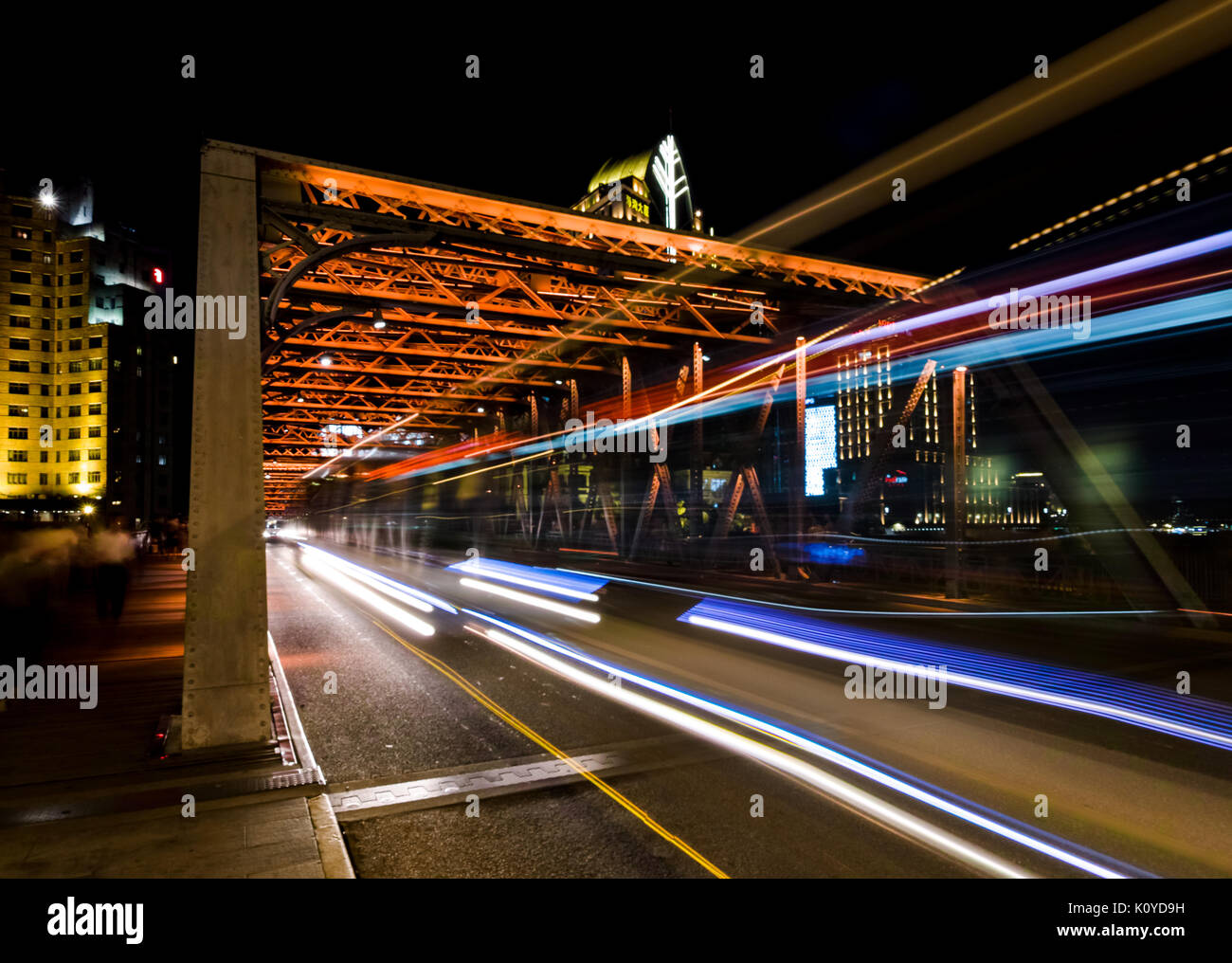 Shanghai, China - August 22, 2017: Night traffic lights inside of the Garden Bridge of shanghai china Stock Photo