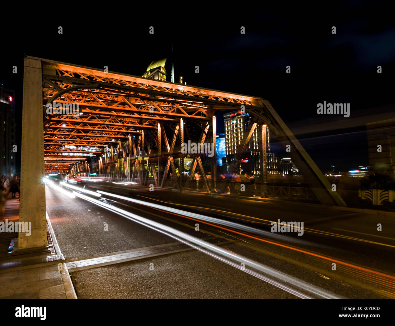 Shanghai, China - August 22, 2017: Night traffic lights inside of the Garden Bridge of shanghai china Stock Photo