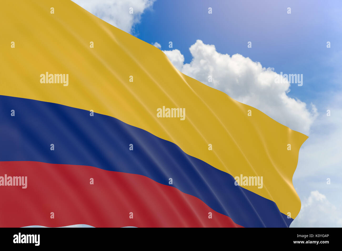 3d Rendering Of Colombia Flag Waving On Blue Sky Background Colombia Is Country In South America Each Year On July 20 Colombians Close Schools And Stock Photo Alamy