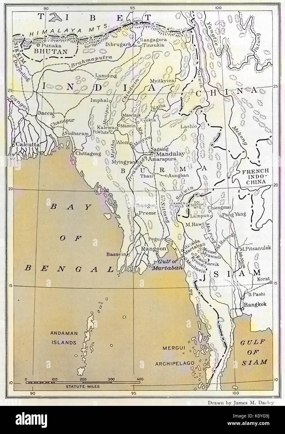 Map of Burma (now Myanmar), the Bay of Bengal, Siam (now Thailand), India, China, Tibet, and other areas of Southeast Asia, China, 1922. Note: Image has been digitally colorized using a modern process. Colors may not be period-accurate. Stock Photo