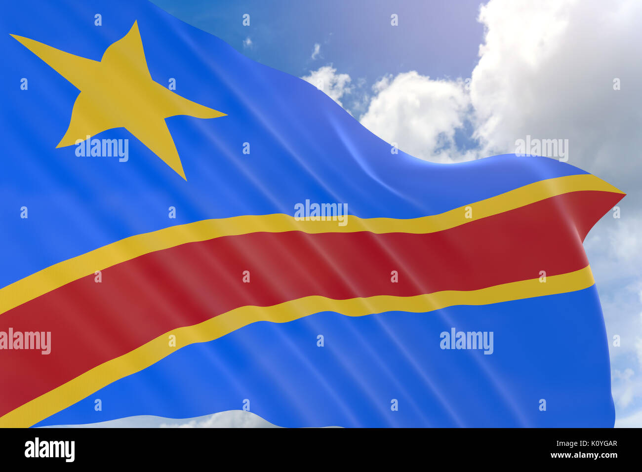 3D rendering of Congo Democratic Republic flag waving on blue sky ...