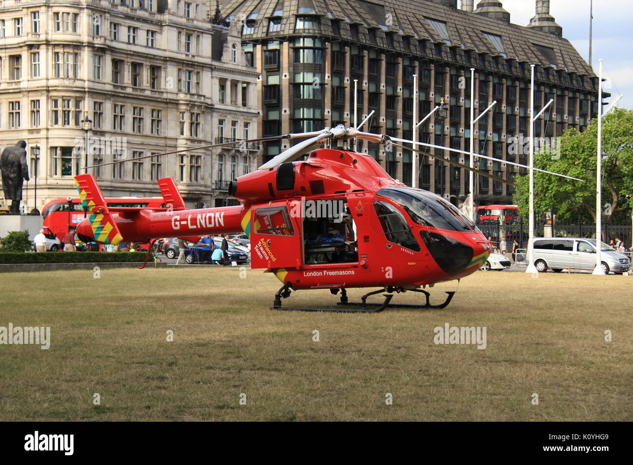 London Air Ambulance (HEMS) MD-902 Explorer at Parliament Square attending a medical emergency Stock Photo