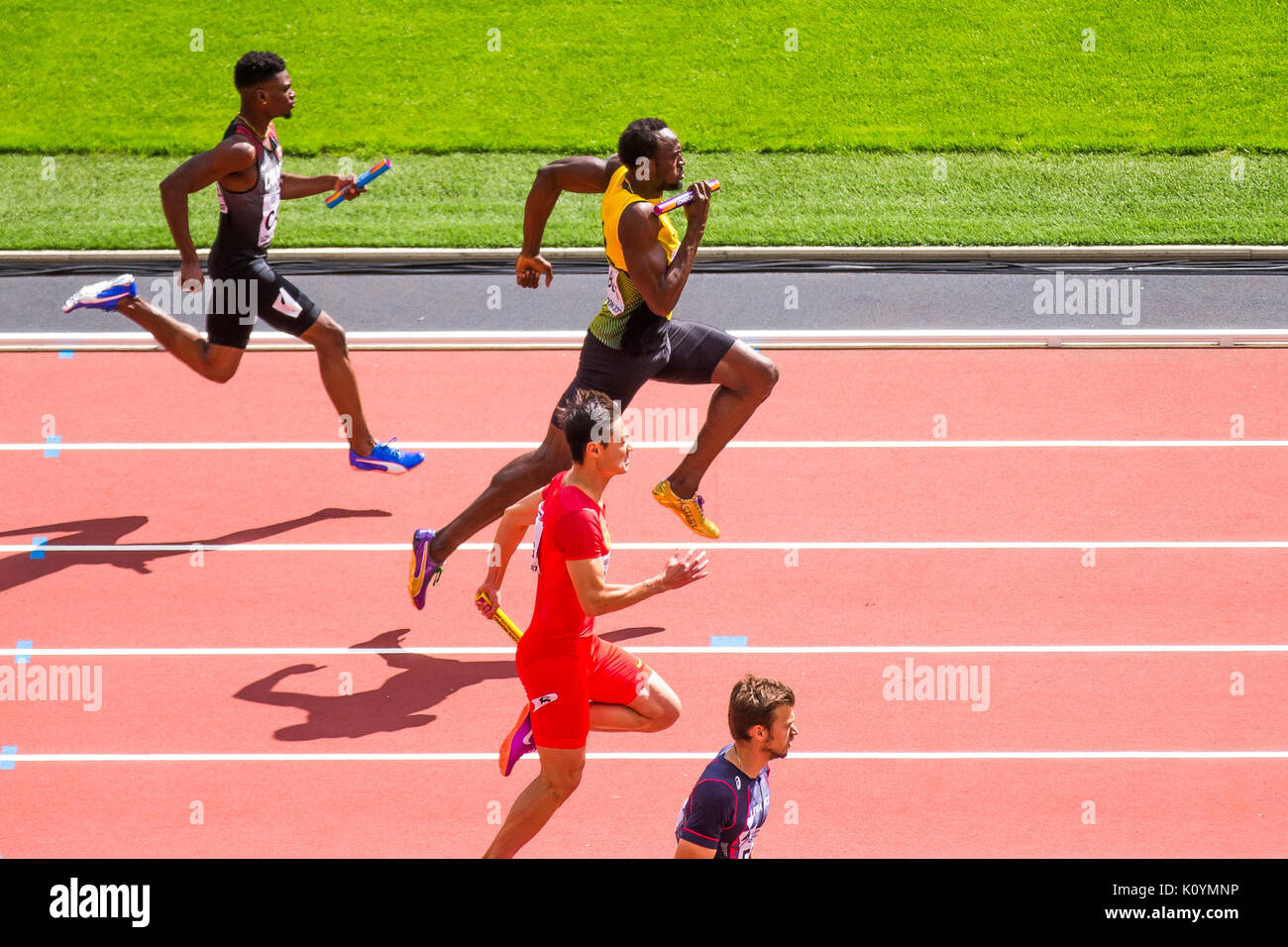 Usain Bolt competes in the heats of the 4x100m relay event at London 2017, held in the Olympic Stadium on August 12, 2017. Stock Photo