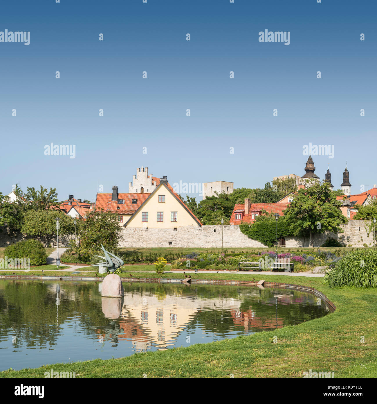 Pond In The Almedalen Park In Visby Gotland Sweden Scandinavia Stock pond-in-the-almedalen-park-in-visby-gotland-sweden-scandinavia-stock