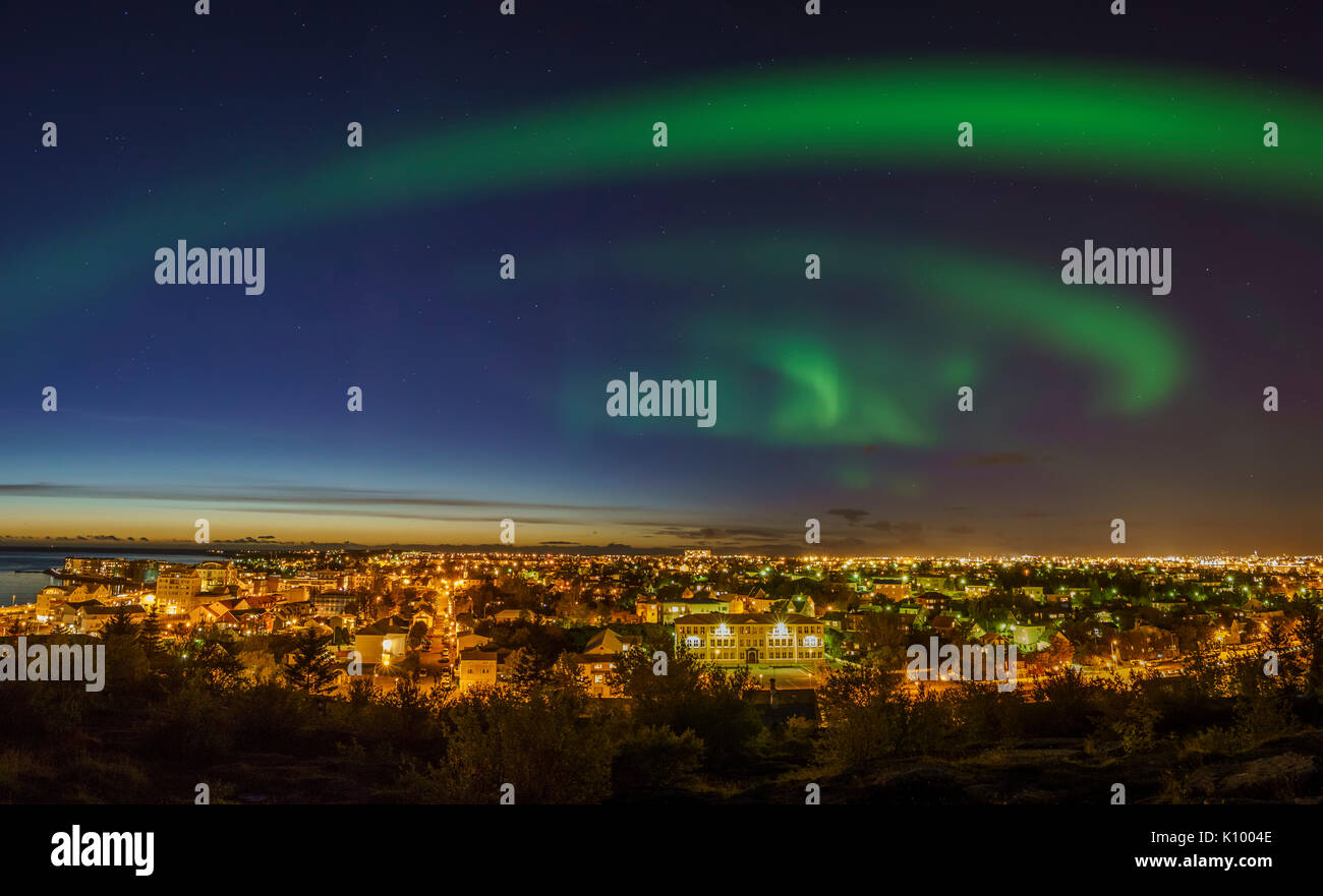 Aurora Borealis or Northern Lights, Suburb of Reykjavik, Hafnarfjordur, Iceland Stock Photo