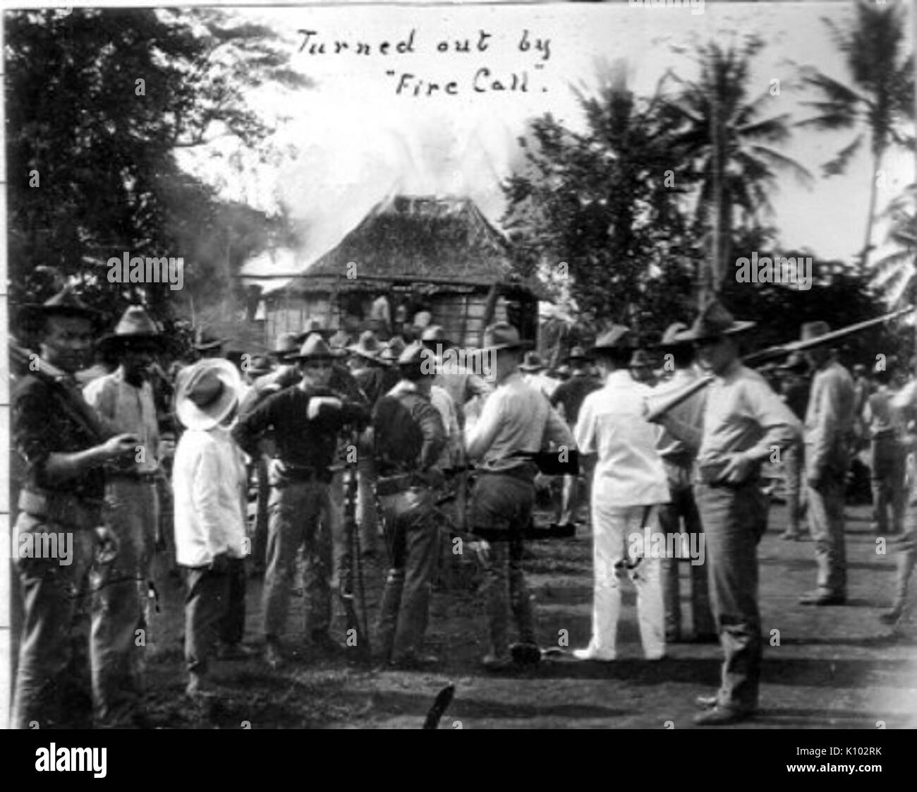 American soldiers in Cagayan de Misamis turned out by firecall circa 1900 Stock Photo