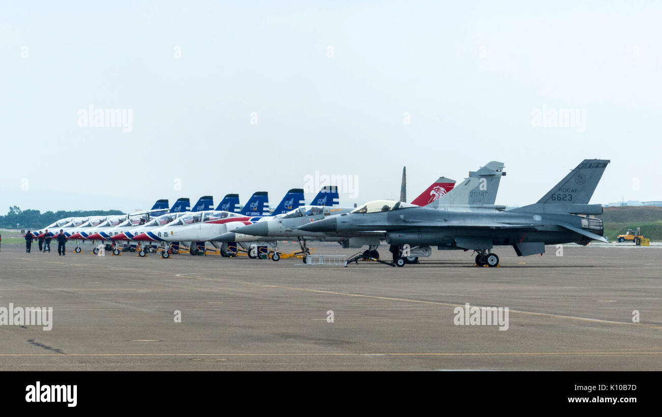 Air Show Fighters and Thundertiger AT 3 at Ching Chuang Kang AFB Apron in Afternoon 20140719 Stock Photo