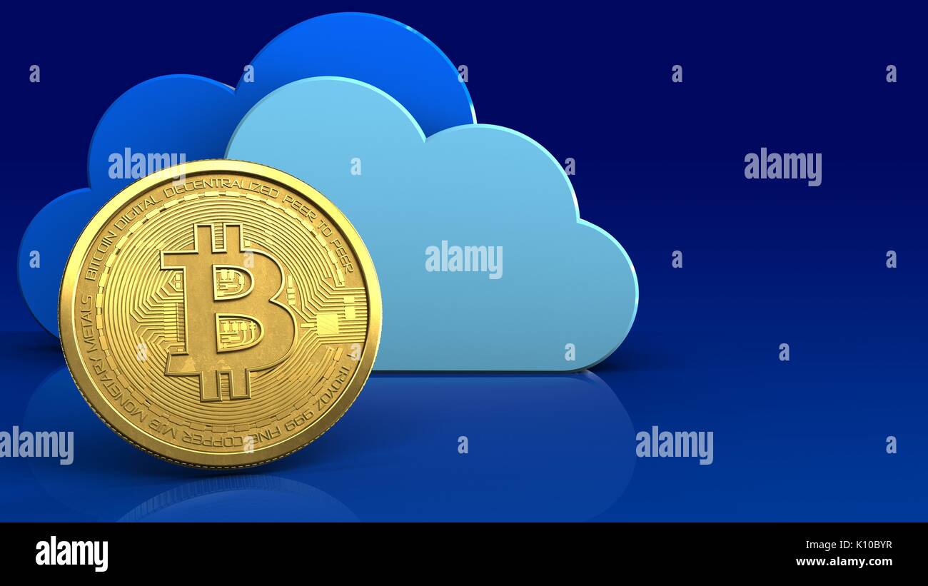 3d illustration of clouds over blue gradient background with bitcoin ...