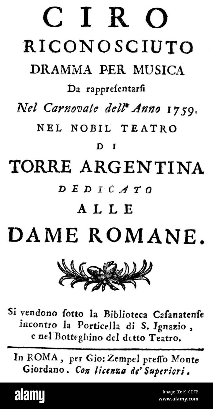 Baldassare Galuppi   Ciro riconosciuto   titlepage of the libretto   Rome 1759 Stock Photo