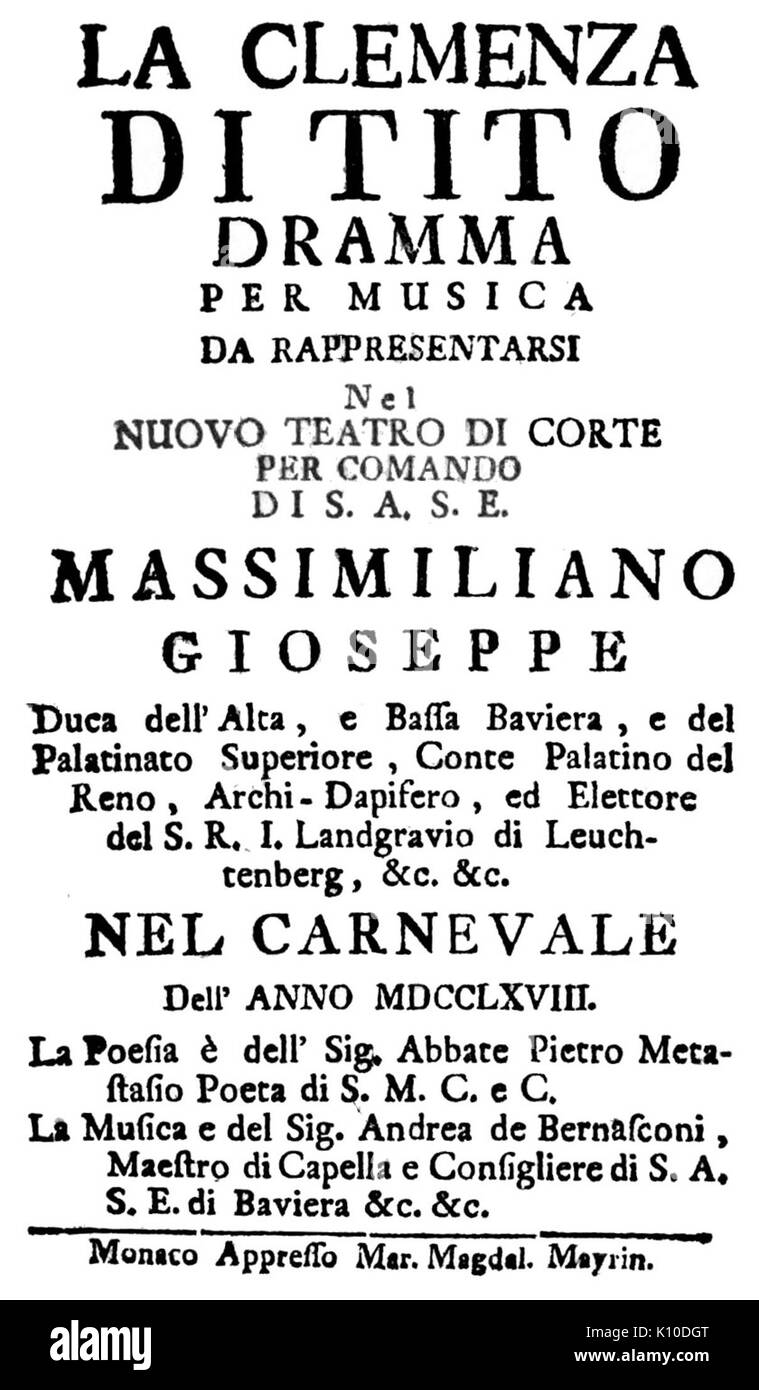 Andrea Bernasconi   La Clemenza di Tito   italian titlepage of the libretto   Munich 1768 Stock Photo