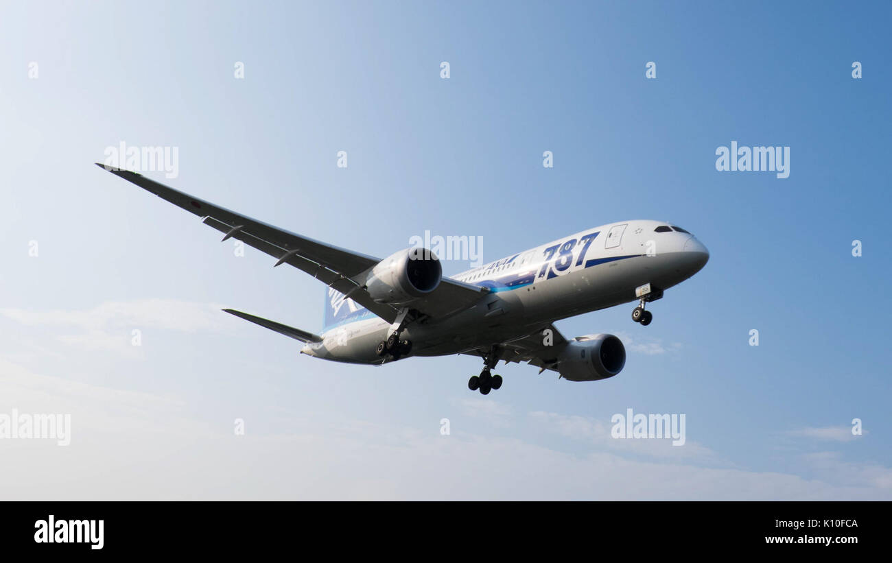 This image captures the ANA Boeing 787-8 JA815A as it makes its final approach to Taipei Songshan Airport, showcasing the advanced aircraft during a routine landing procedure at the busy airport. Stock Photo