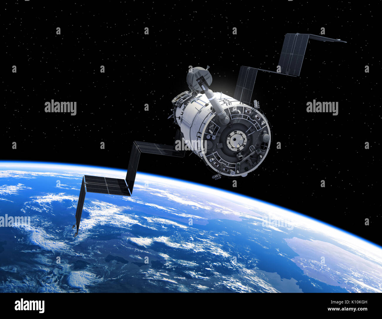 Flight Of Space Station In Outer Space. 3D Illustration. Stock Photo