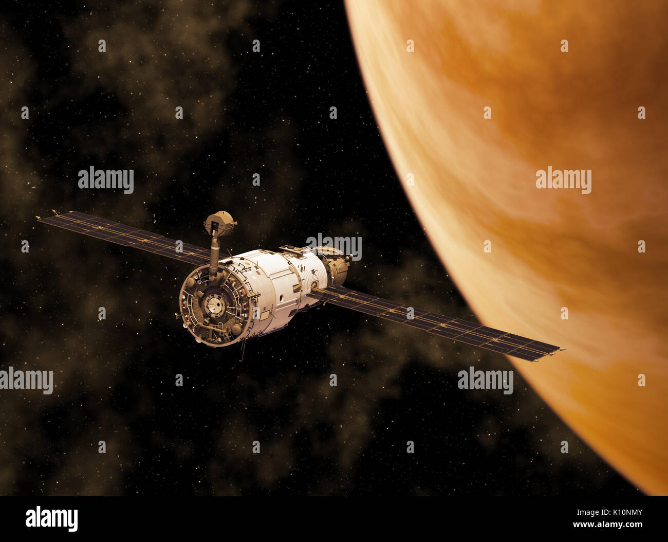 Space Station Orbiting Yellow Planet. 3D Illustration. Stock Photo