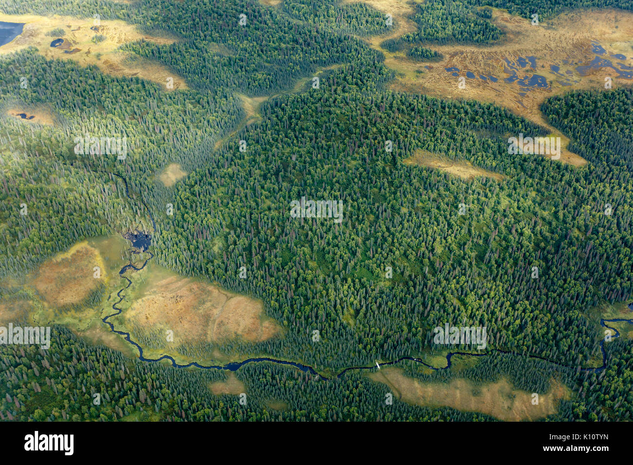 Aerial view and abstract patterns of taiga forest, river and lakes Stock Photo