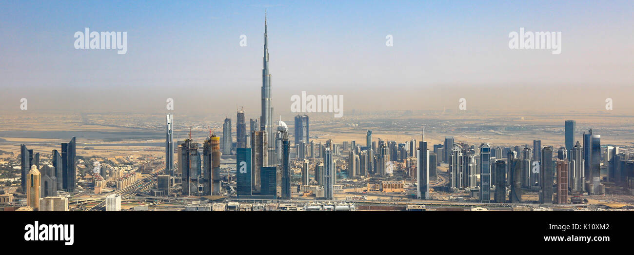 Dubai skyline Burj Khalifa skyscraper panorama panoramic aerial view photography UAE Stock Photo