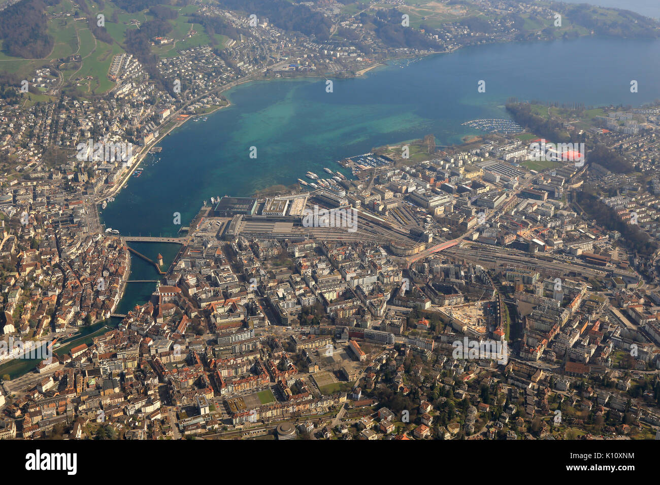 Switzerland Lucerne main station Luzern City lake aerial view photography photo Stock Photo
