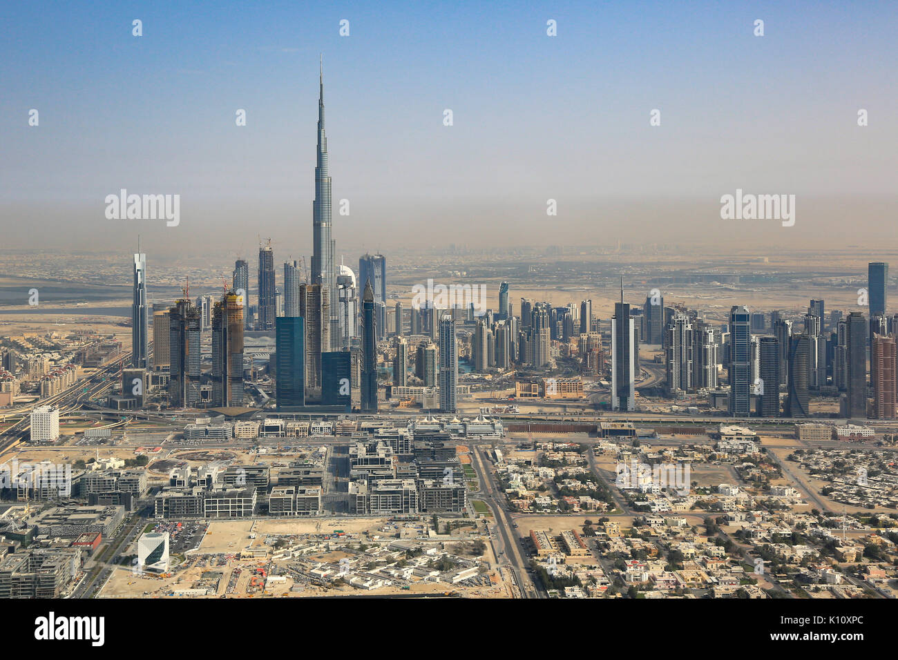 Dubai skyline Burj Khalifa skyscraper aerial view photography UAE Stock Photo