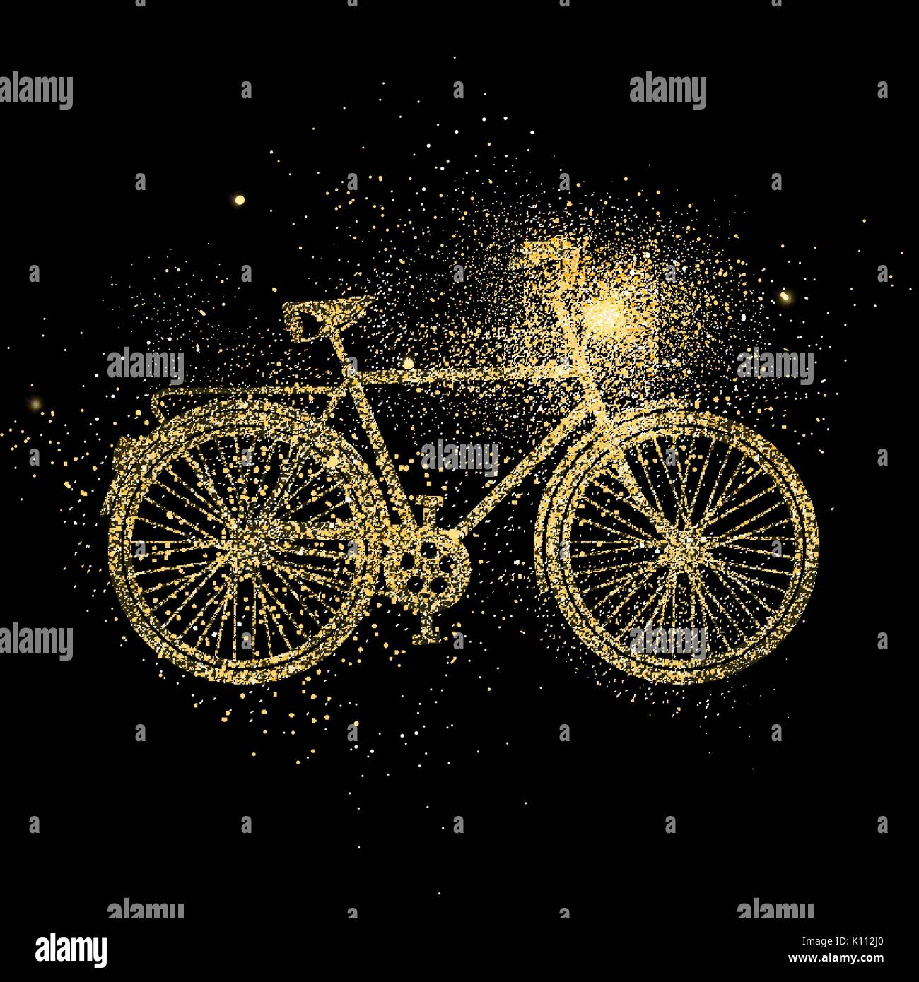 Bicycle symbol concept illustration, gold bike icon made of realistic golden glitter dust on black background. EPS10 vector. Stock Vector