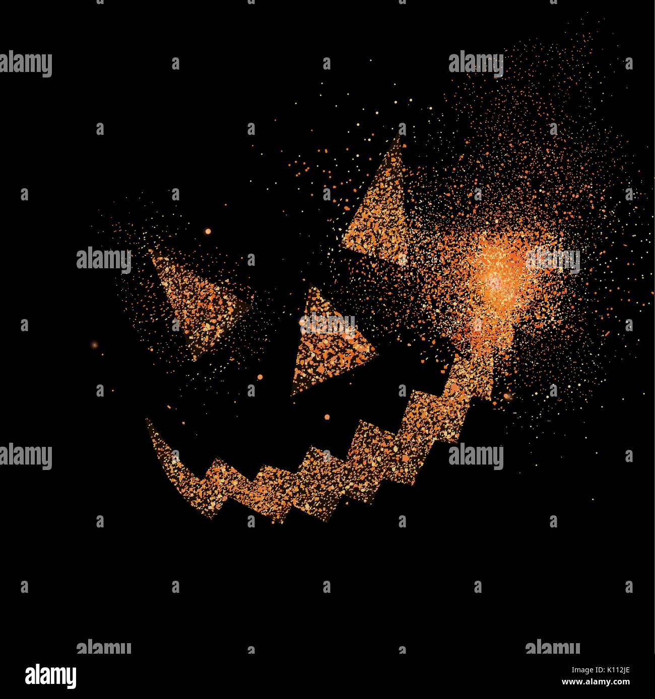 Halloween face symbol concept illustration, jack o' lantern icon made of realistic orange glitter dust on black background. EPS10 vector. Stock Vector