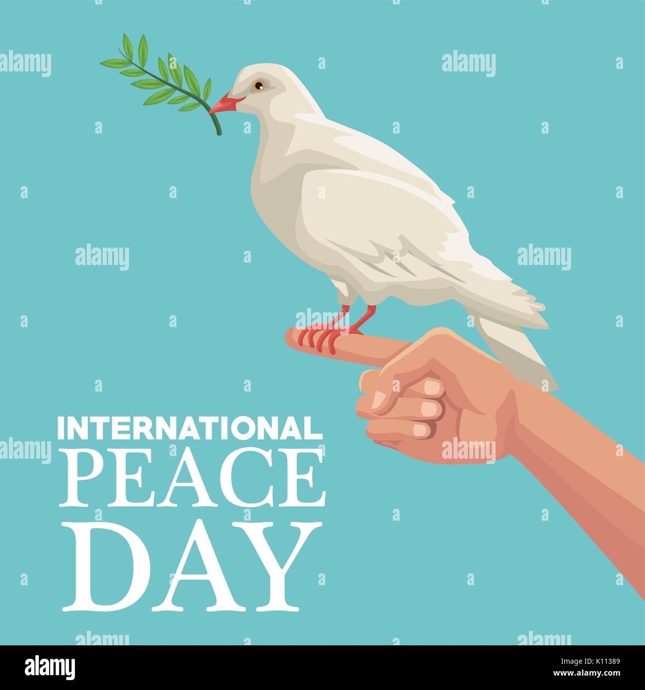 color poster hand holding in finger a pigeon with olive branch in peak international peace day text Stock Vector
