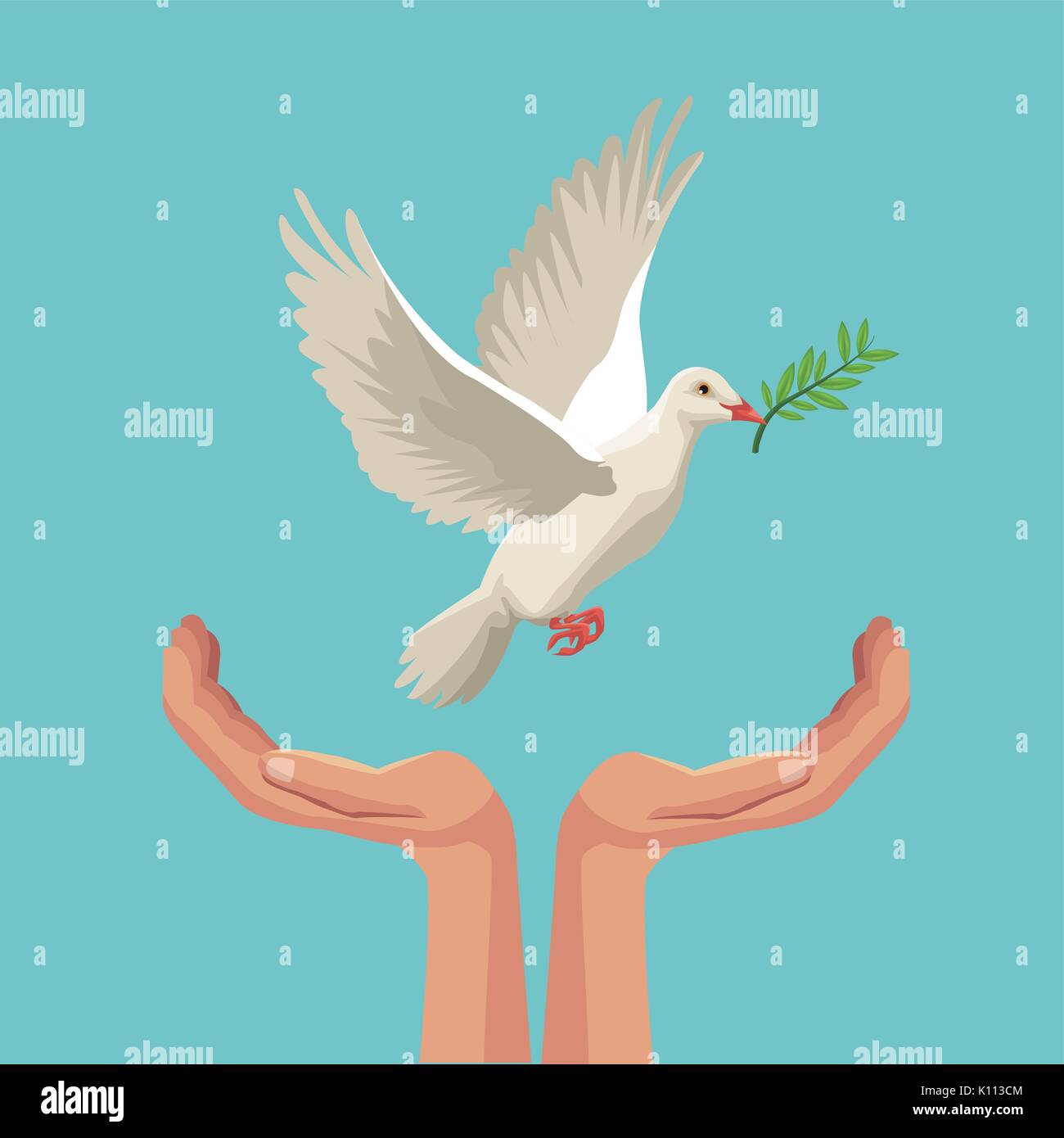 color poster pigeon flying with olive branch in peak and hands holding Stock Vector