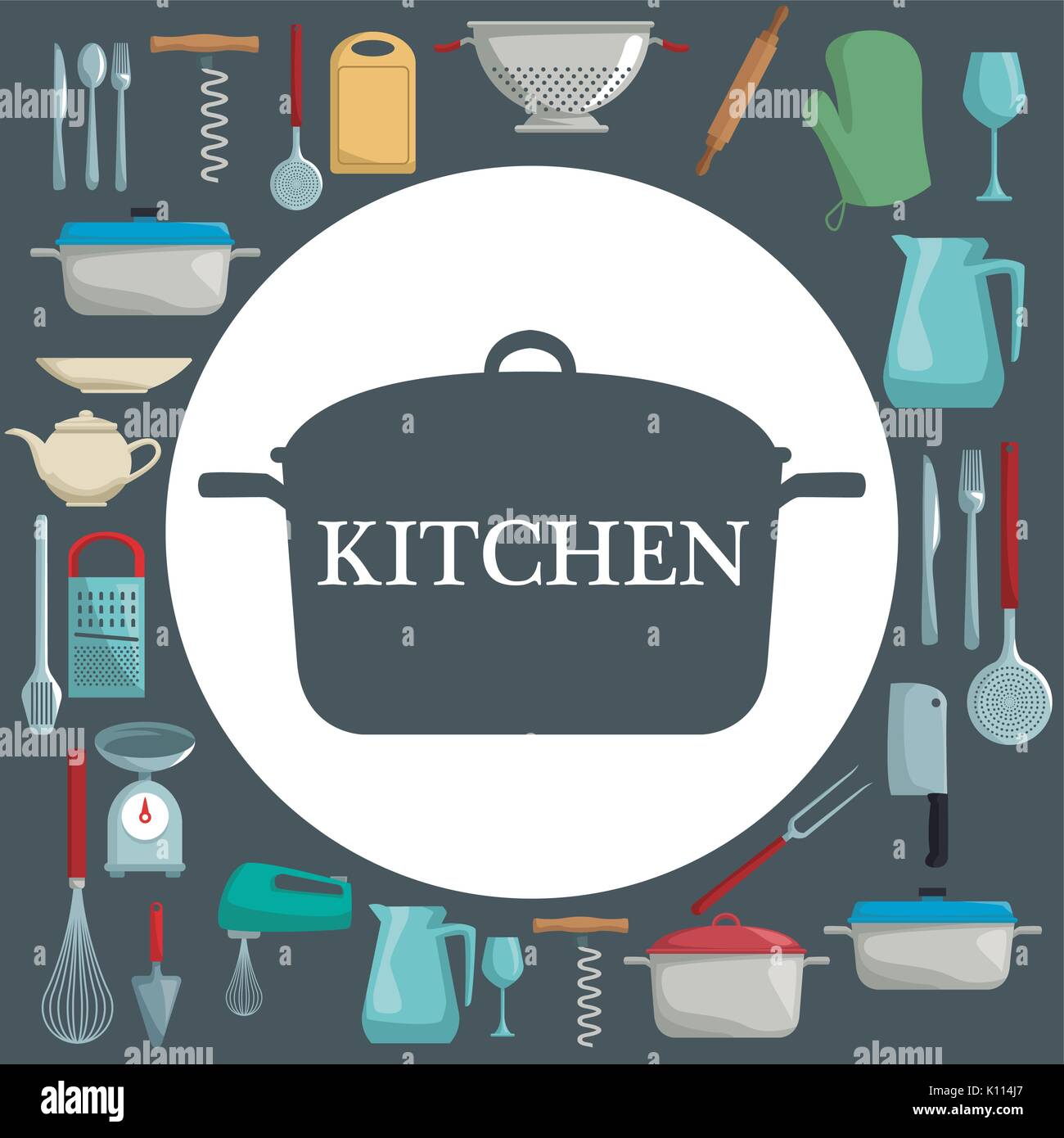 color background with different elements of cooking and circular frame