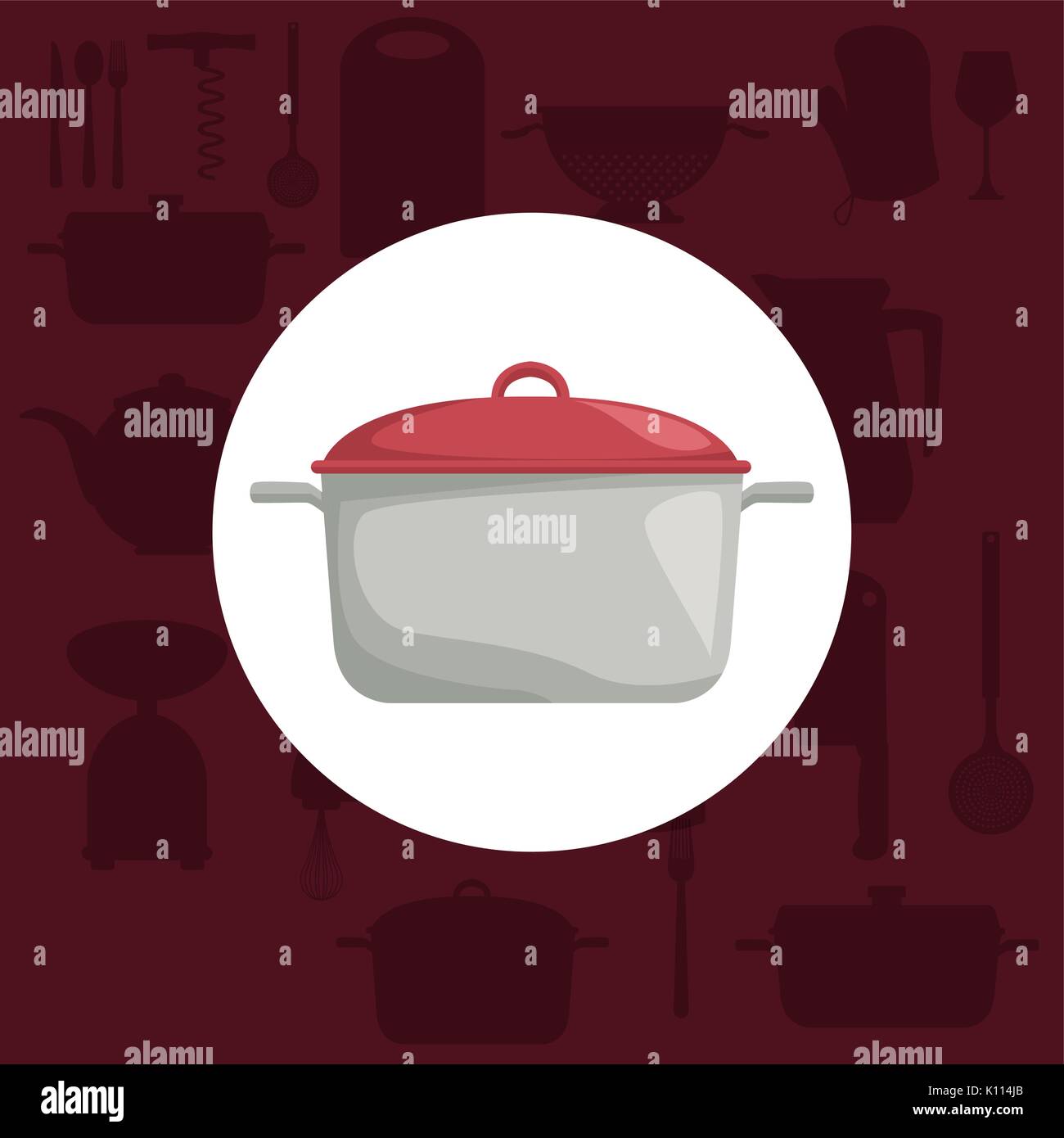 red color background with icons elements of kitchen and circular frame ...