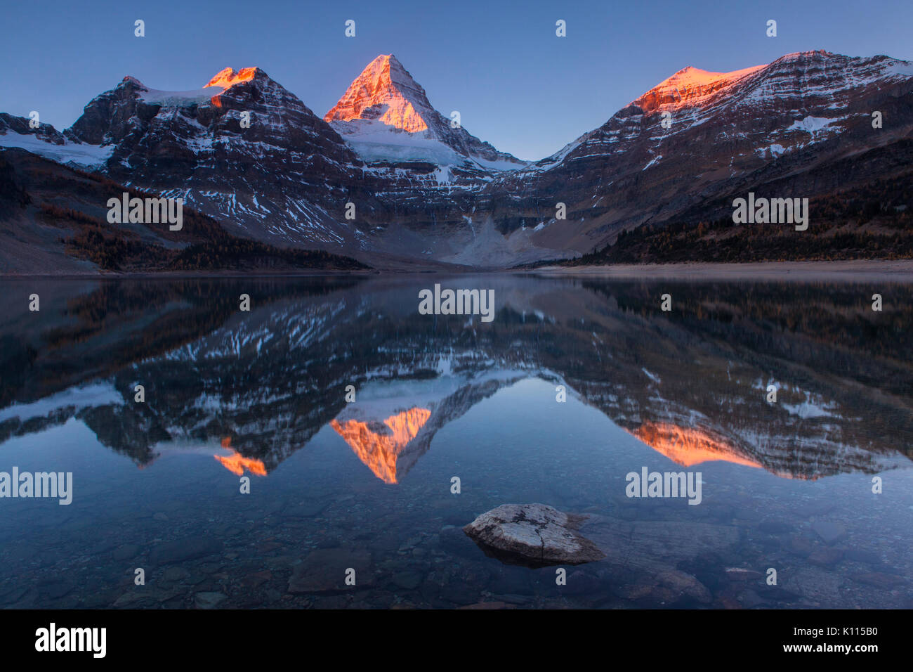 Early light on Mount Assiniboine reflected in Lake Magog in Mount Assiniboine Provincial Park, Rocky Mountains, British Columbia, Canada. Stock Photo