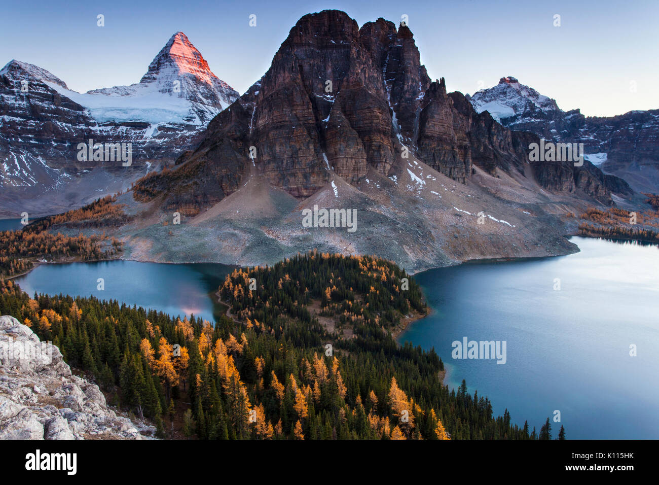 Mount Assiniboine, Sunburst Lake and Cerulean Lake from the flanks of Nub Peak in Mount Assiniboine Provincial Park, Rocky Mountains, British Columbia Stock Photo
