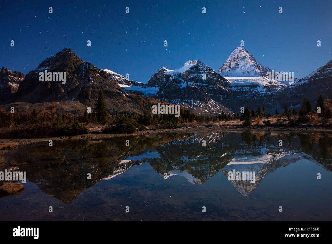 Mount Assiniboine and a star-filled sky reflected in a tarn near Lake Magog, Mount Assiniboine Provincial Park, Rocky Mountains, British Columbia, Can Stock Photo