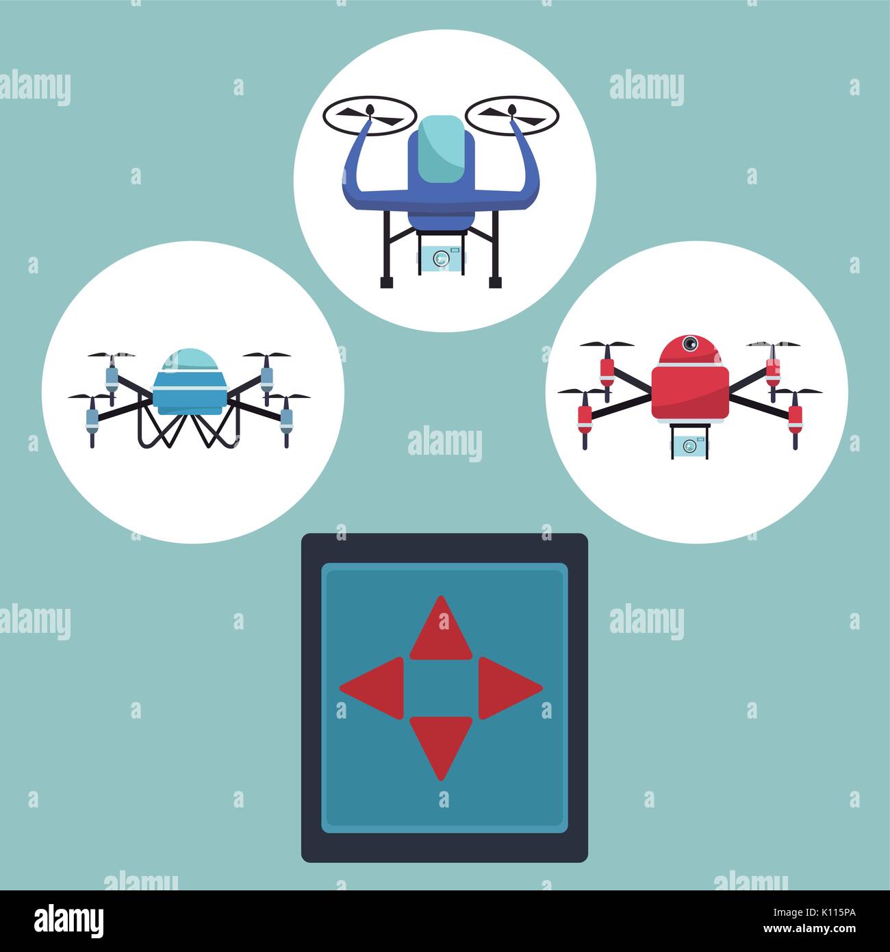 color background with circular frame set icons of quadrocopters and drones with closeup remote control of tech device Stock Vector