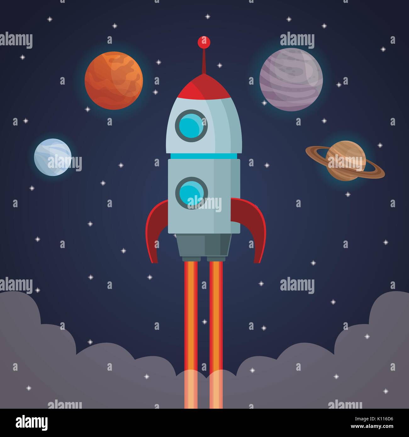 color space landscape background with rocket taking off and view cosmos ...