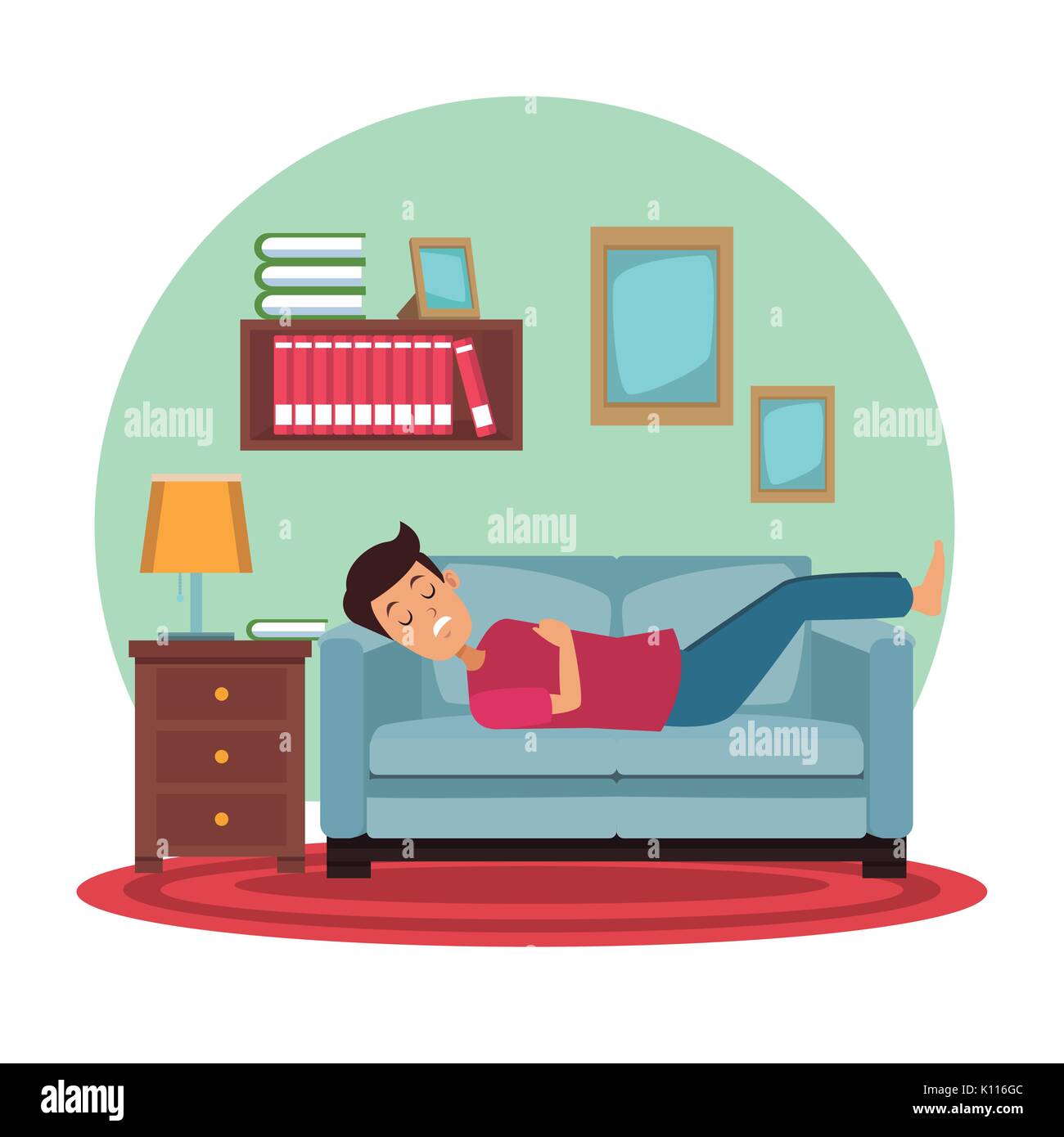 White Background With Circular Colorful Scene Man Sleep In Sofa On