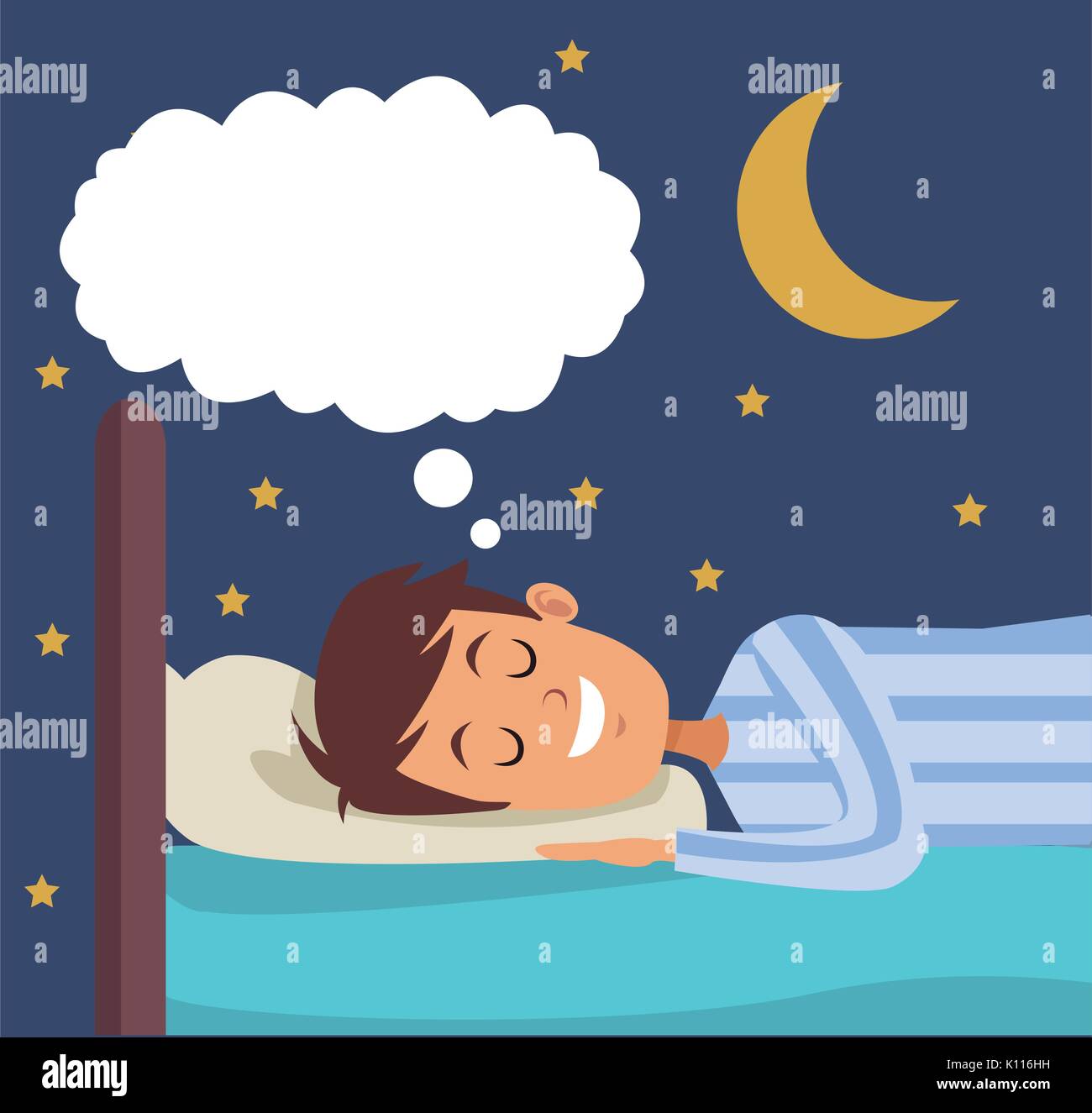 colorful scene boy dreaming in bed at night Stock Vector Image 