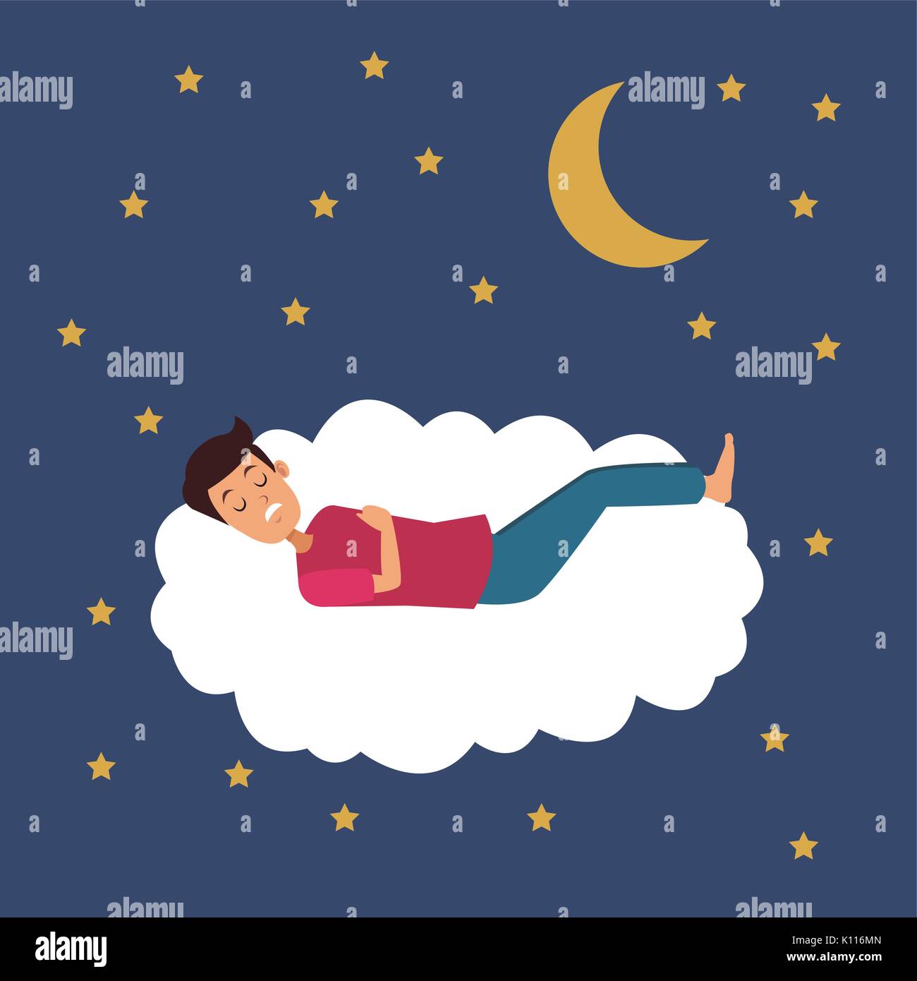 Colorful Scene Of Night With Guy Sleep In Cloud With Moon And Stars