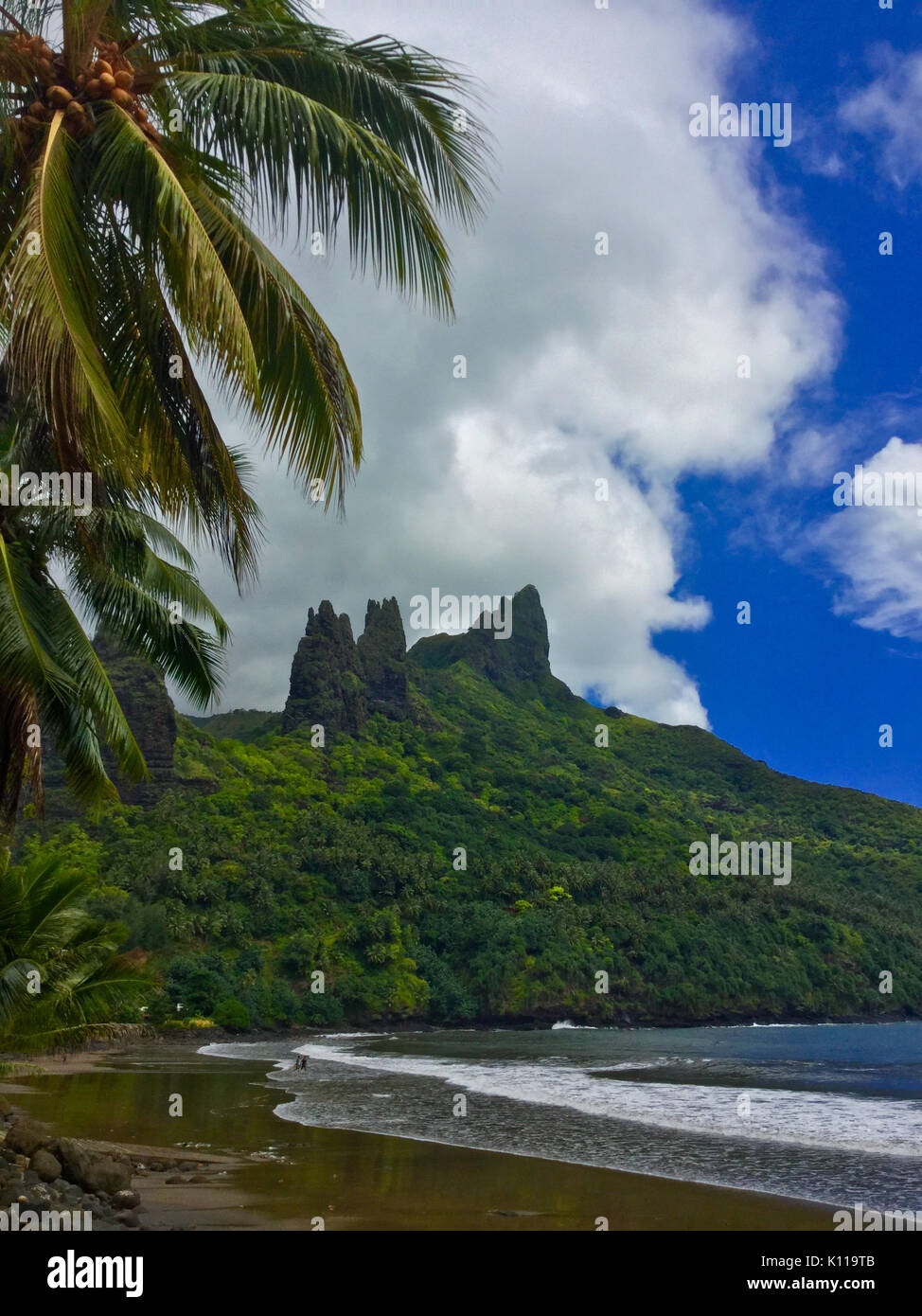 The stunning scenery on the beach at Hatiheu bay on Nuku Hiva, Marquesas, French Polynesia Stock Photo