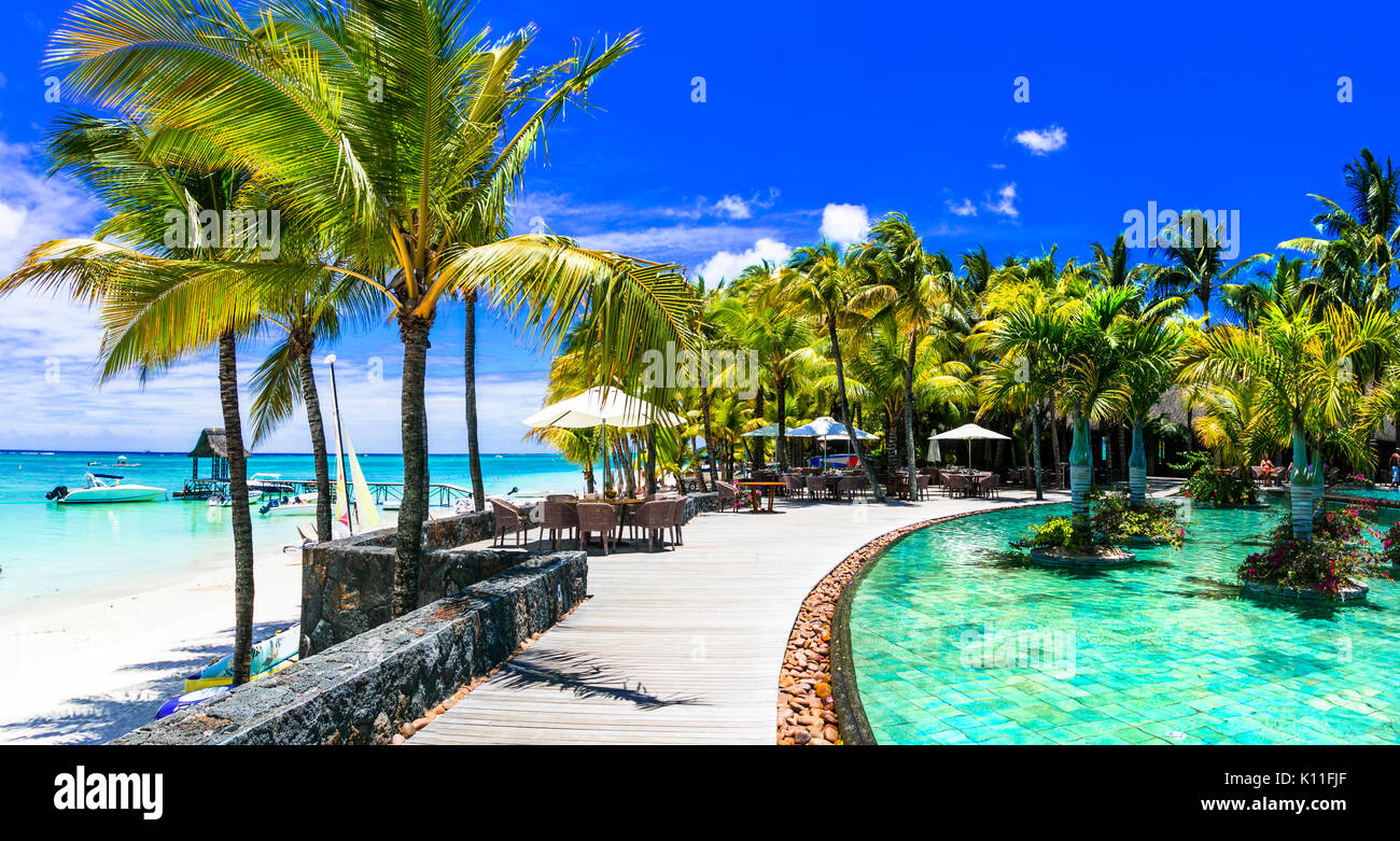 Luxury vacation in tropical Mauritius island. Luxury swim pool and bar territory Stock Photo