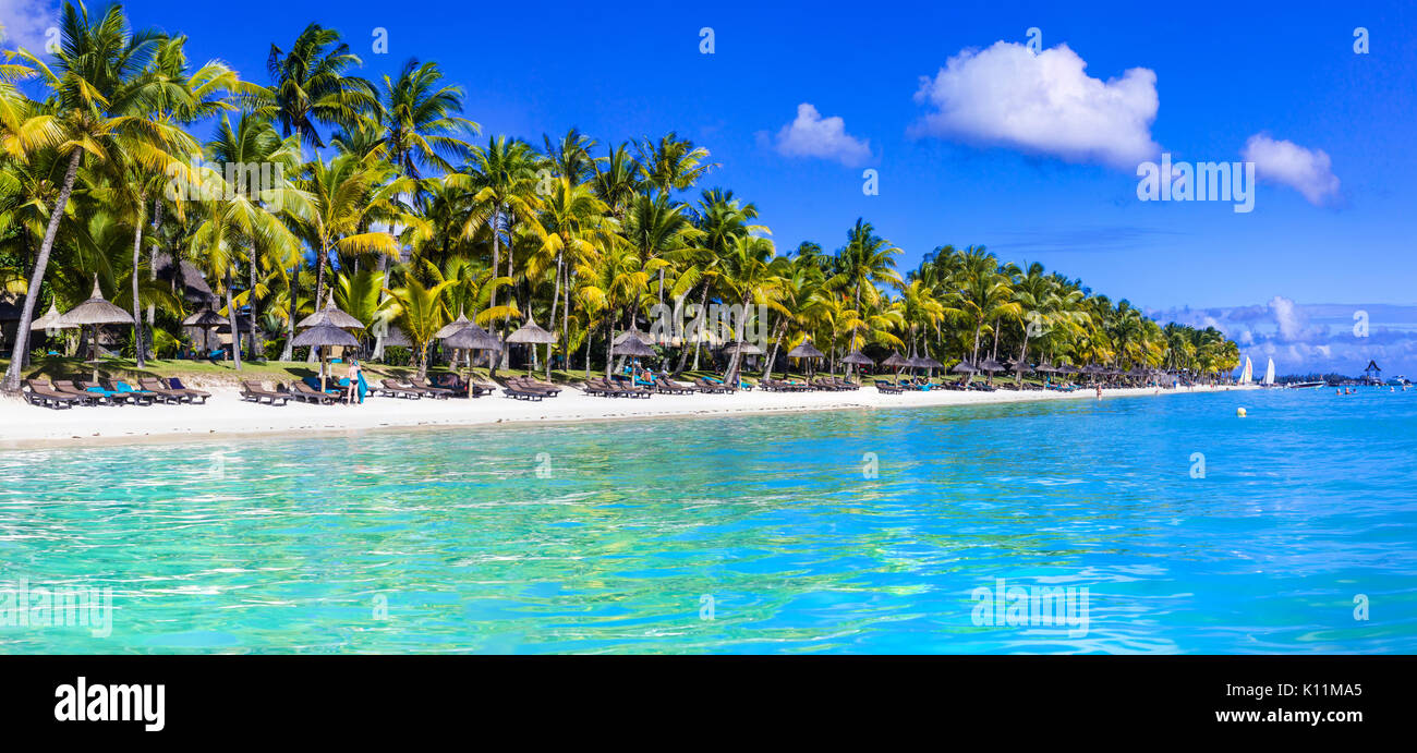 Relaxing tropical holidays -white sandy beaches of gorgeous Mauritius island Stock Photo