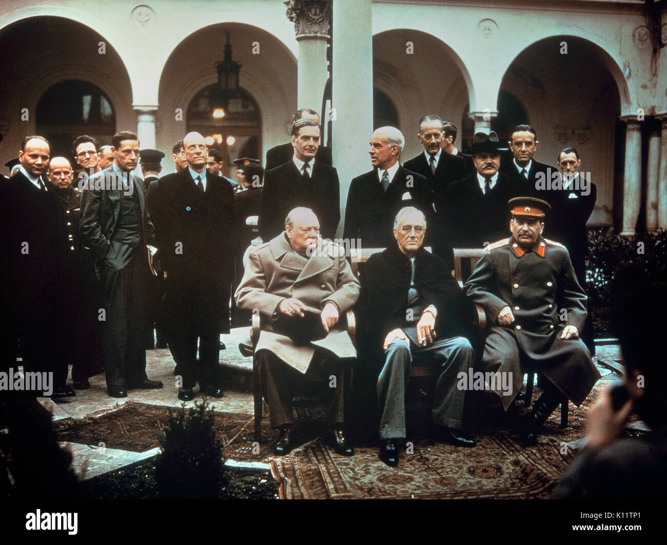 Yalta Conference, February 1945. British Prime Minister Winston Churchill, US Pesident Franklin D Roosevelt and Soviet Premier Josef Stalin meeting at Stock Photo